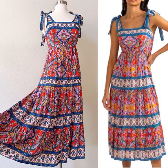 Shoshanna Dresses & Skirts - Shoshanna Basel Midi Dress Womens 4 Tiered Floral Shoulder Ties CottageCore Boho